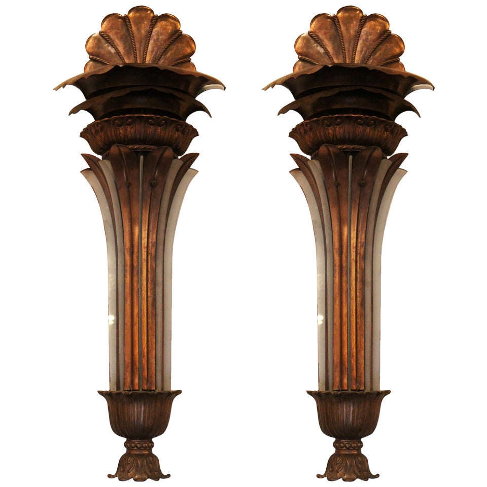Pair of Red Brass Art Deco Theater Sconces from 1939