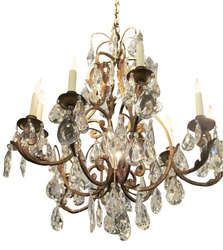 American French Iron Chandelier with High Quality Faceted Crystals
