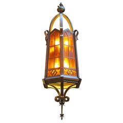 1960s Large Bronze American Craftsman Lantern with Dark Amber Glass and Canopy 9