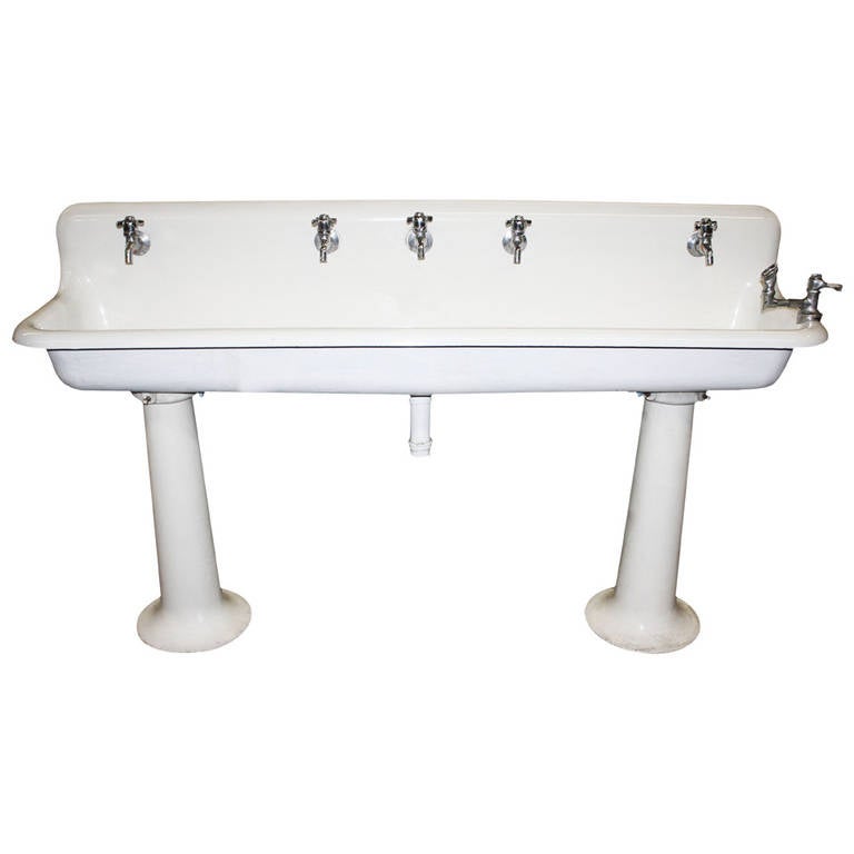 Industrial Porcelain Gang Sink on Pedestal Legs Without Hardware at