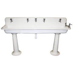 Vintage Industrial Porcelain Gang Sink on Pedestal Legs Without Hardware
