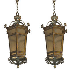 Pair of Large Lantern Lights with Textured Amber Glass
