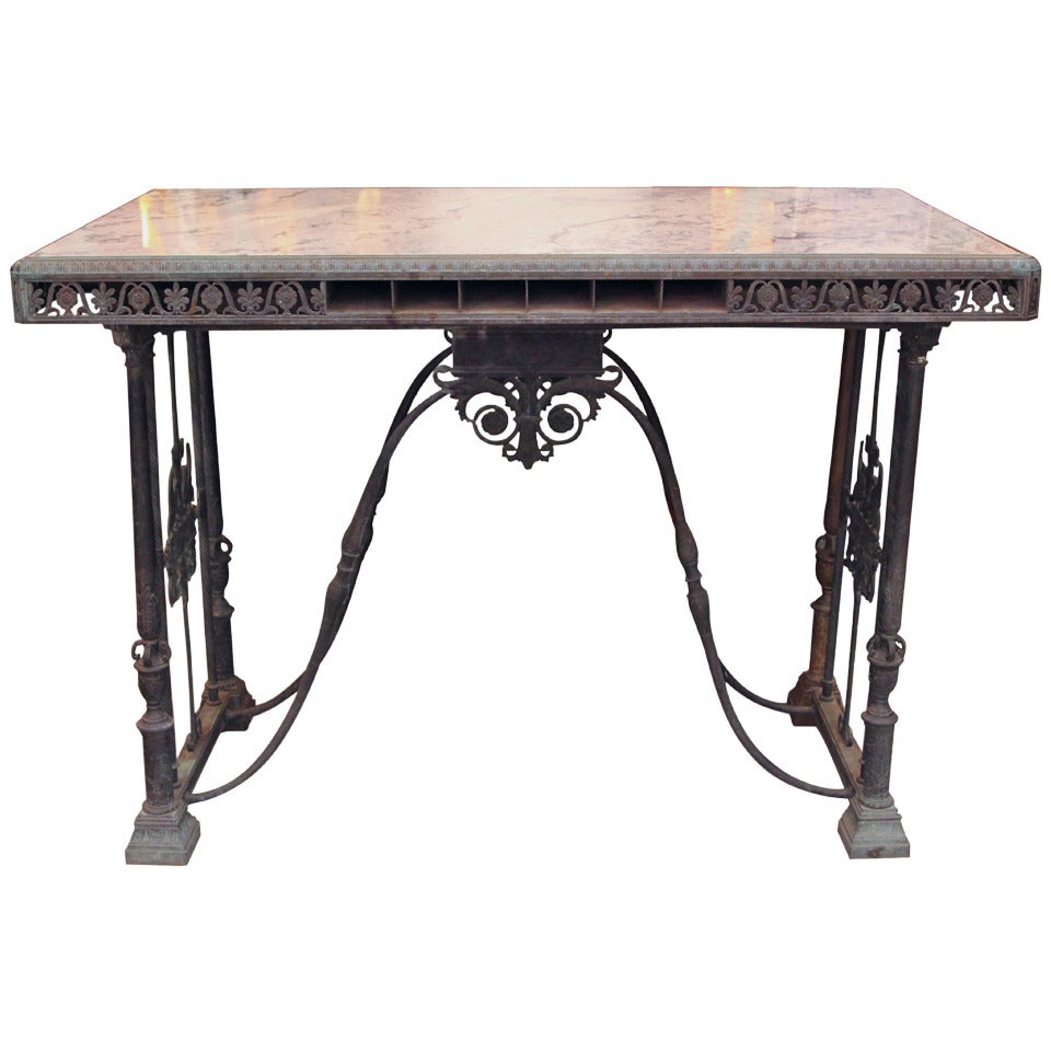 Bronze Ornate Bank Table with Marble Top