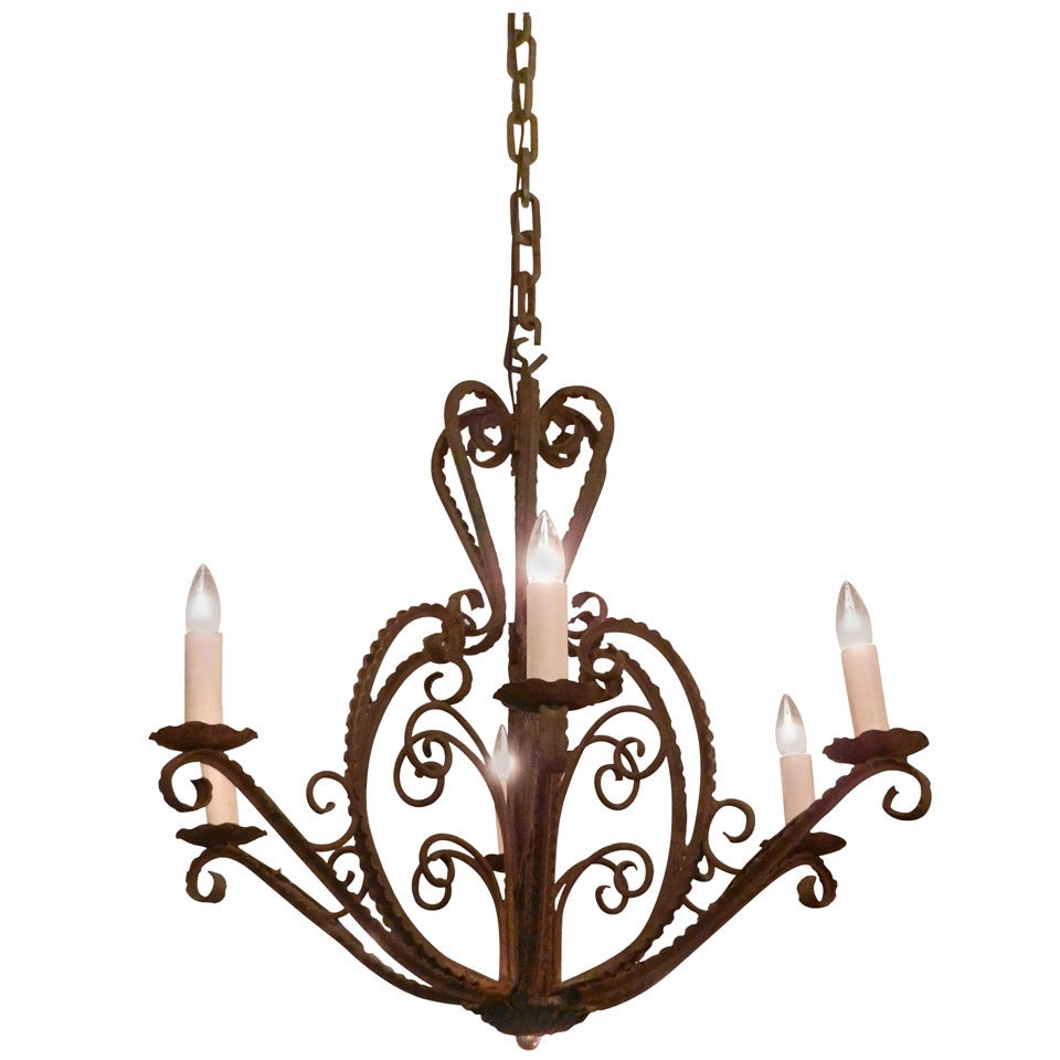 French Country Wrought Iron 6 Arm Chandelier Heart Scroll Motif For Sale