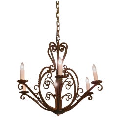 Vintage French Country Wrought Iron 6 Arm Chandelier Heart Scroll Motif