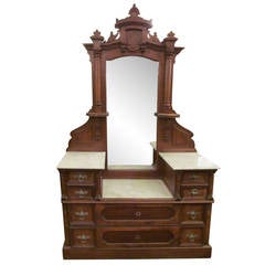 Antique 1890s Eastlake Carved Walnut Marble-Top Vanity Dresser with Ten Drawers