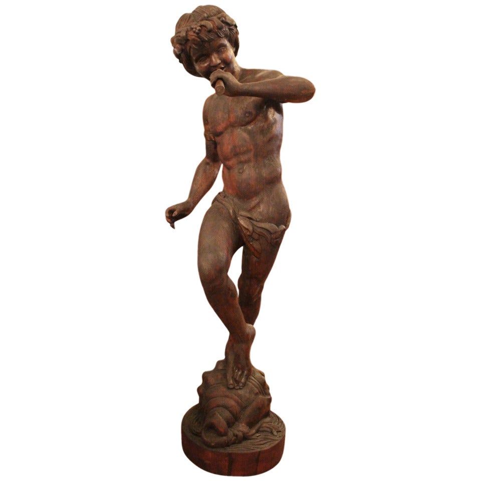 1800s Wooden Sculpture of Dancing Pan Playing the Flute