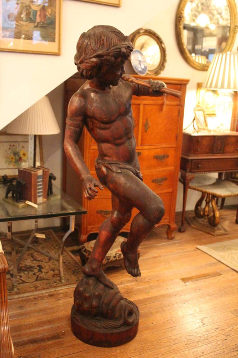 1800s Wooden Sculpture of Dancing Pan Playing the Flute In Excellent Condition In New York, NY