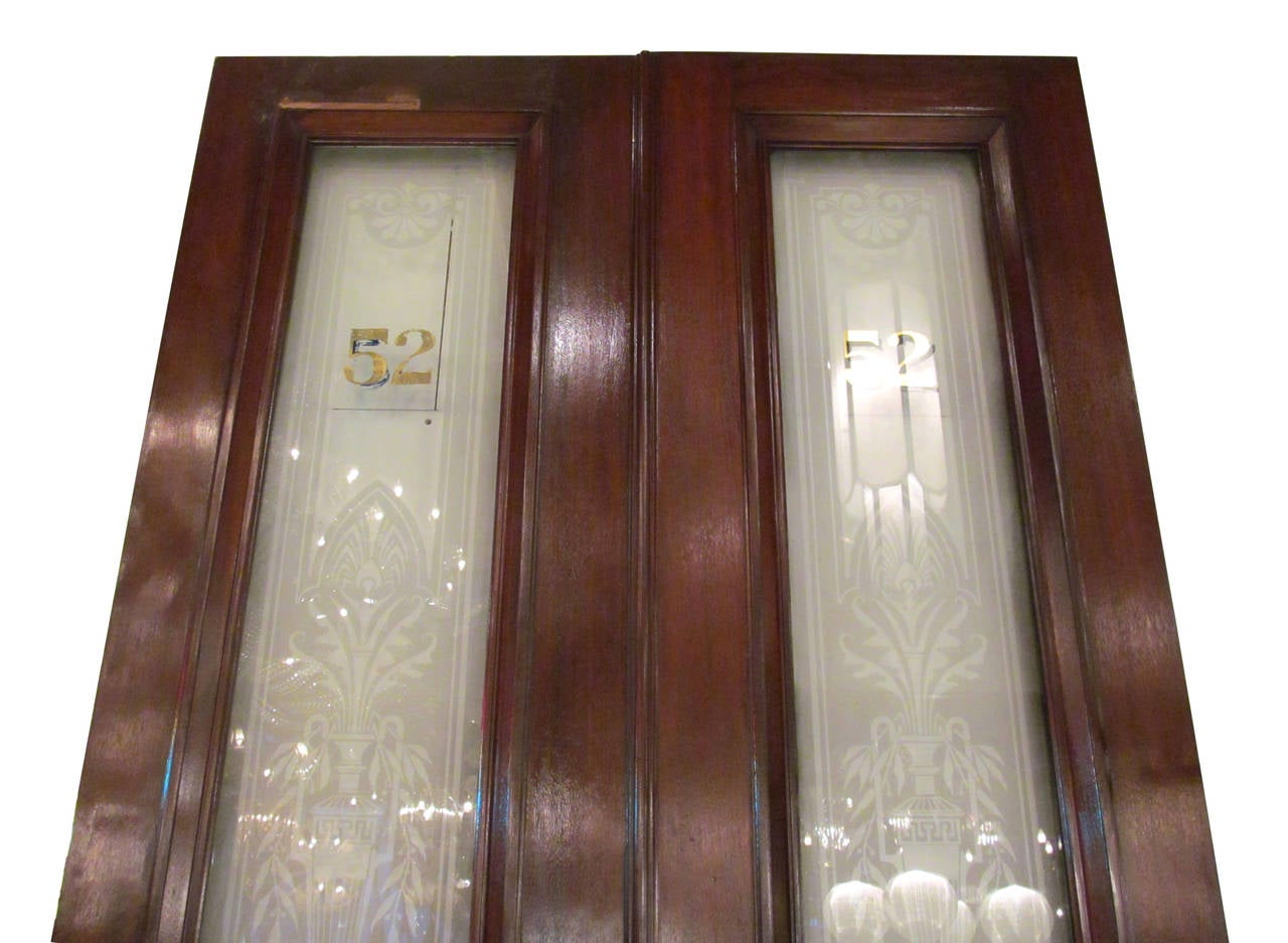 1930s Pair of Walnut Doors with Etched Glass Urn Design 1