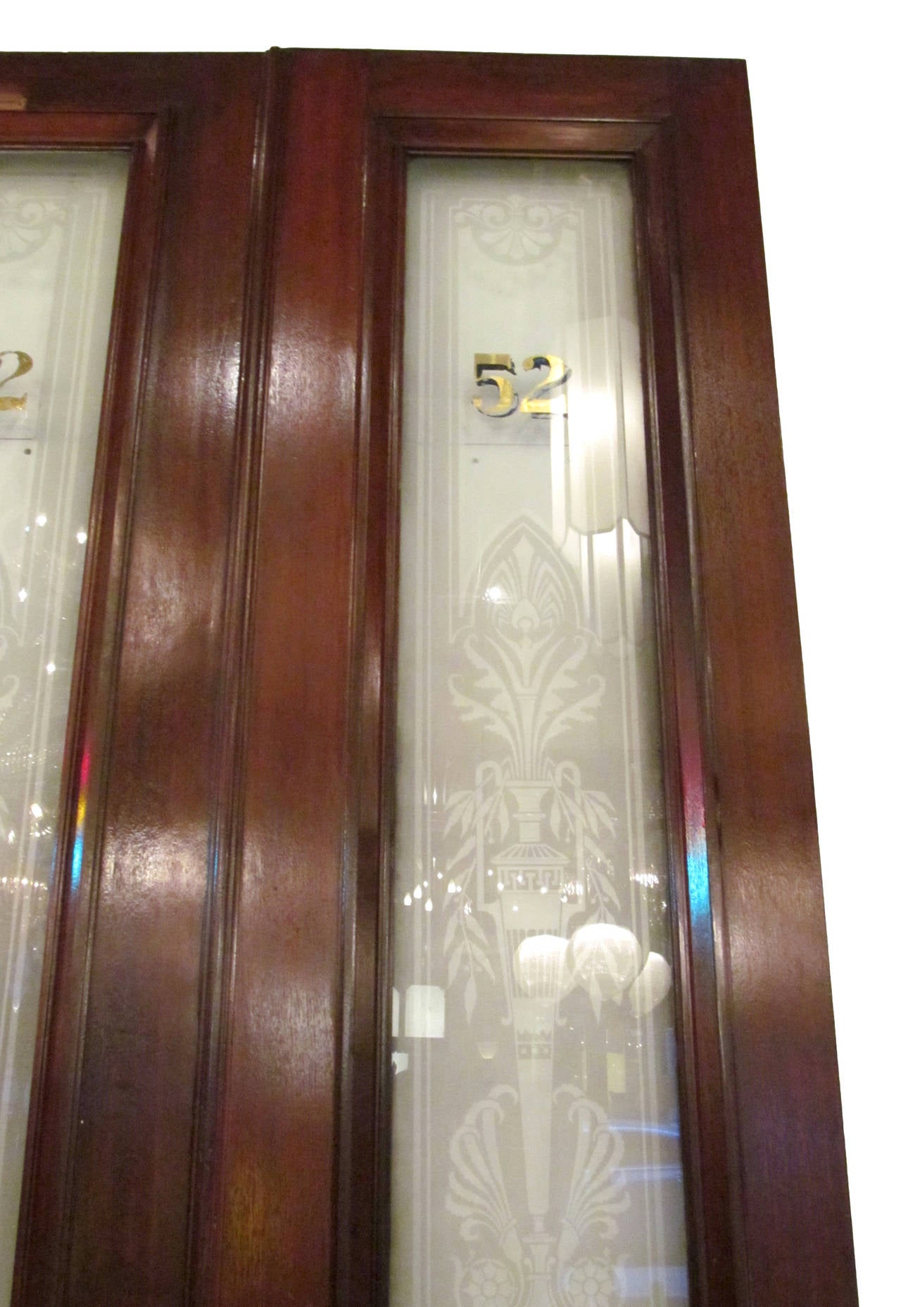 1930s Pair of Walnut Doors with Etched Glass Urn Design 3