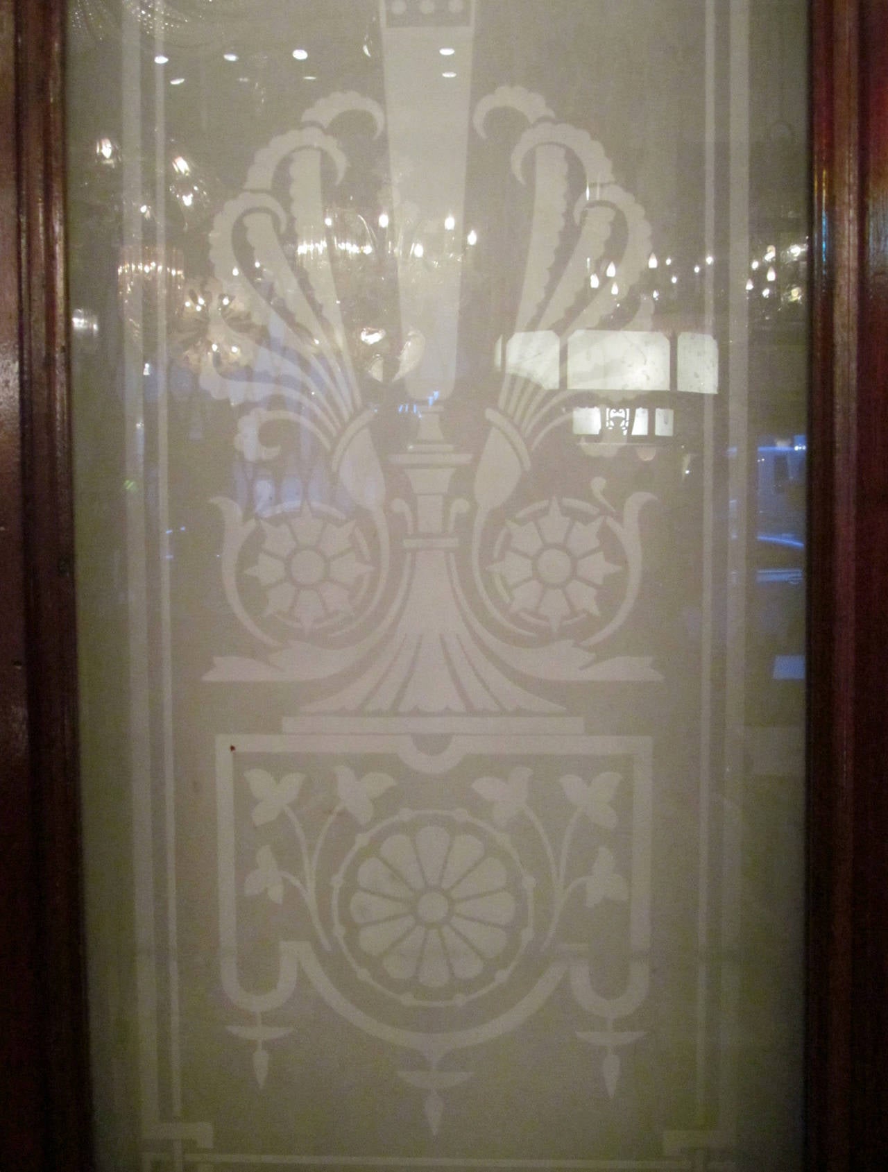 American 1930s Pair of Walnut Doors with Etched Glass Urn Design