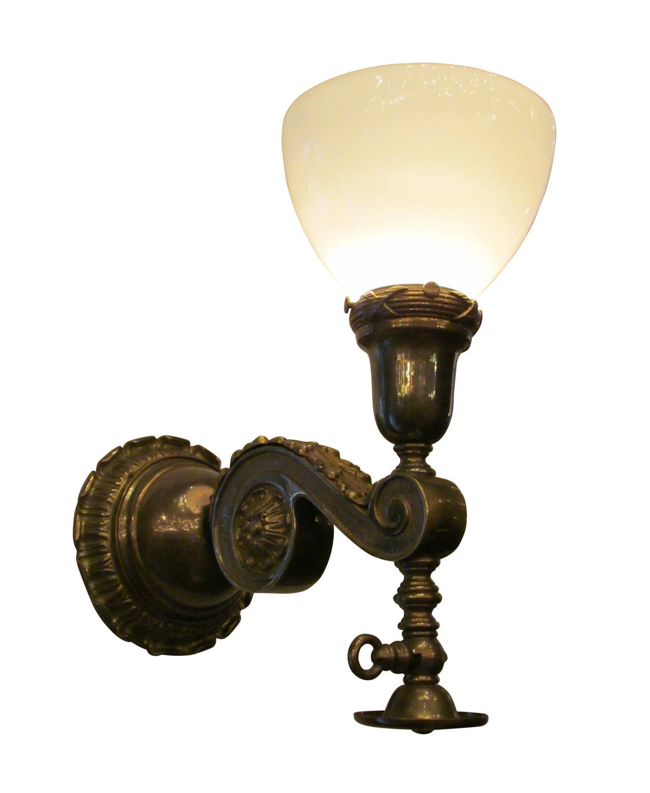 Pair of Milk Glass and Brass Gas Style Wall Sconces For Sale at 1stdibs