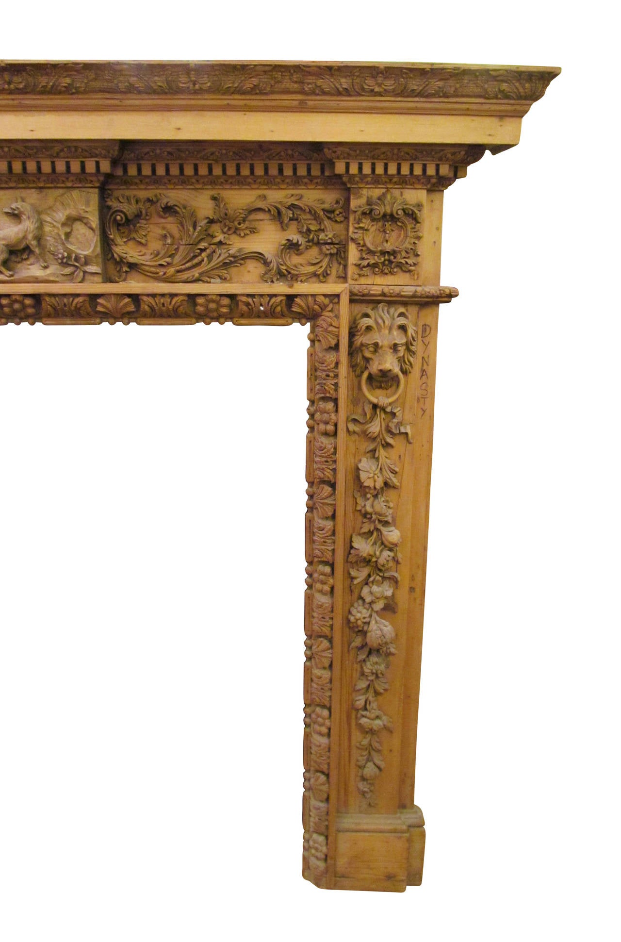 Heavily Hand-Carved Wooden Mantel with Lions, Wolves and Fruit