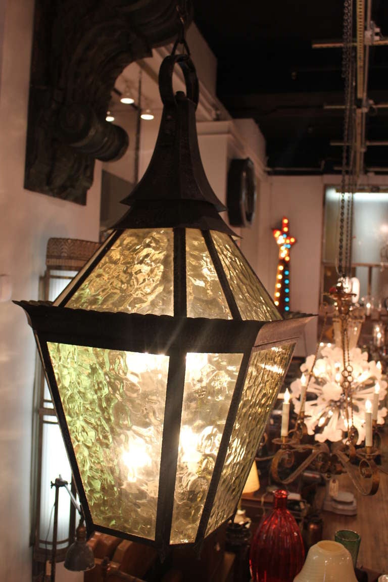 Hammered Brass with Amber Glass Pendant Lantern from Surf Ave, Coney Island 3