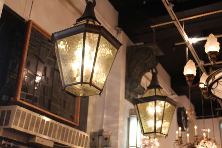 American Hammered Brass with Amber Glass Pendant Lantern from Surf Ave, Coney Island