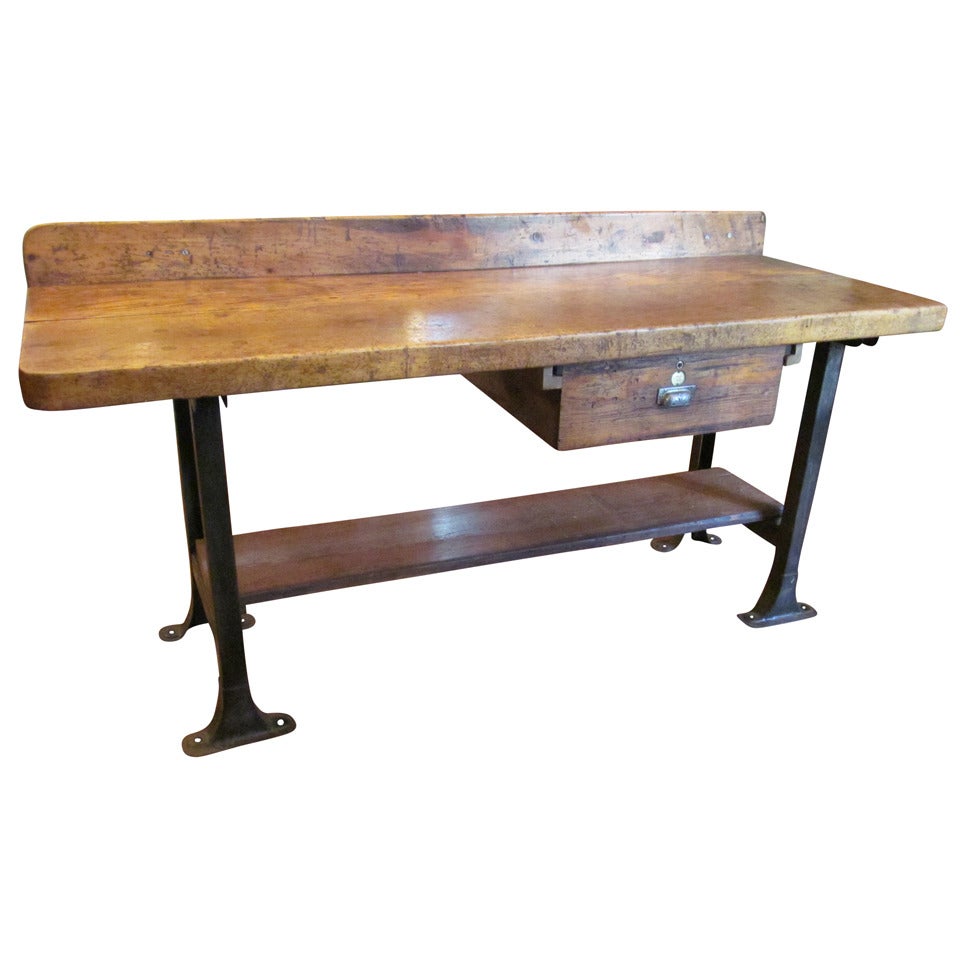 Late 1800s Industrial Work Bench with Original Hardware and Backsplash