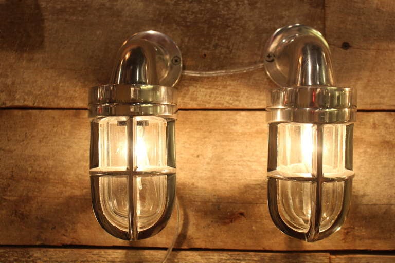 Pair of Nautical Aluminum Bulkhead Ship Sconces In Excellent Condition In New York, NY