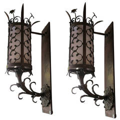 1910 Pair of Bronze Exterior Sconces with Quatrefoil Leaf