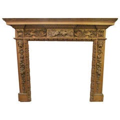 Heavily Hand-Carved Wooden Mantel with Lions, Wolves and Fruit