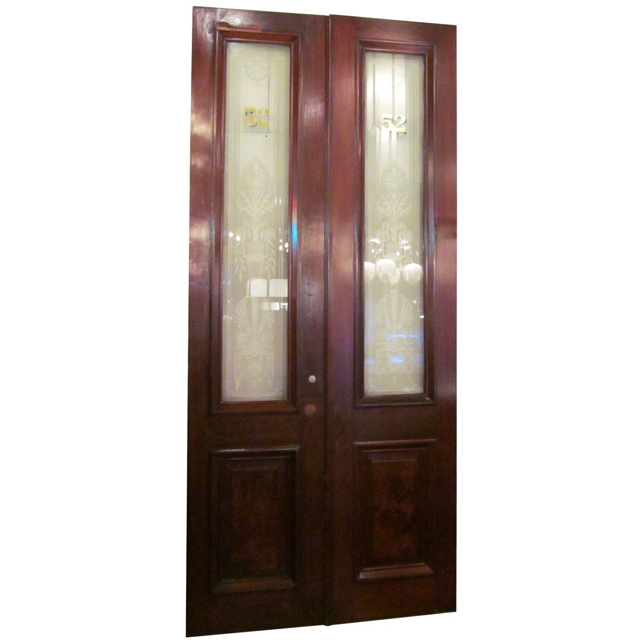 1930s Pair of Walnut Doors with Etched Glass Urn Design