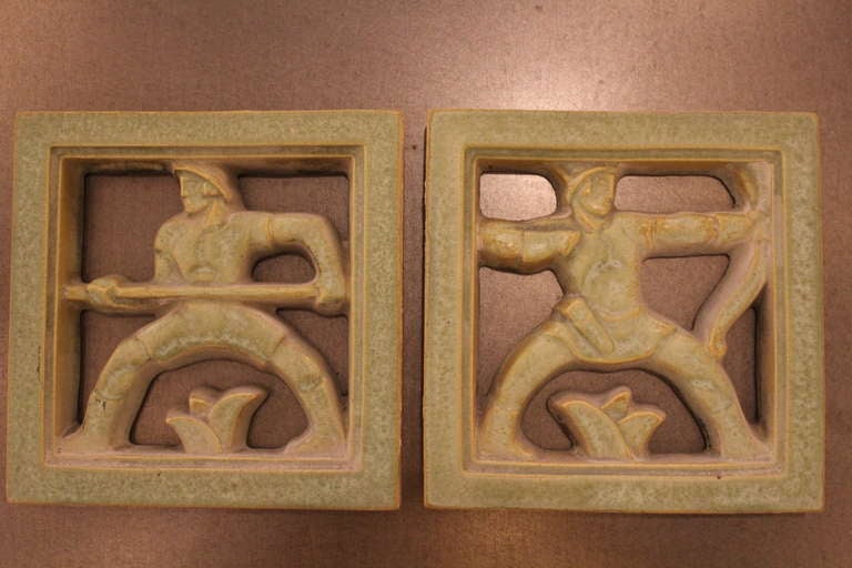 Green Encaustic Tile with Warrior Motif of Arrow or Battle Ram