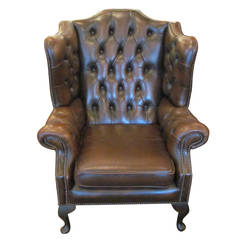 Vintage English Leather Wingback Chesterfield Chair with Thumbtacks