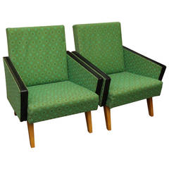 1950s Pair of Mid-Century Modern Green and Black Angular Armchairs from France