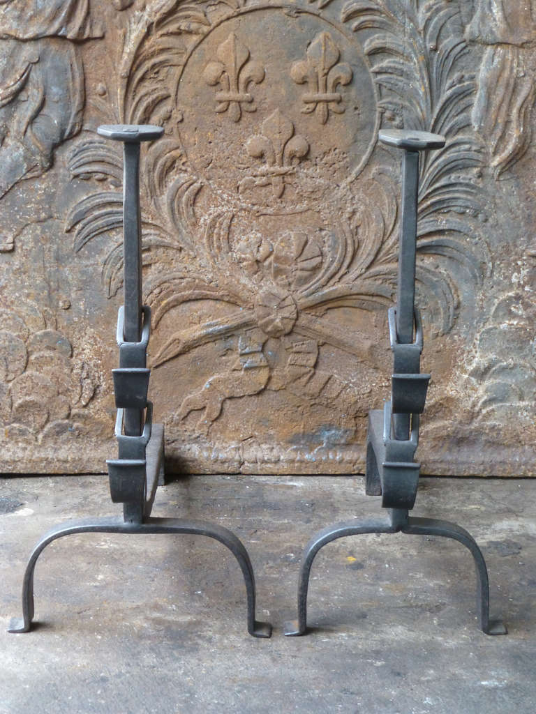 18th Century Wrought Iron Andirons, Firedogs