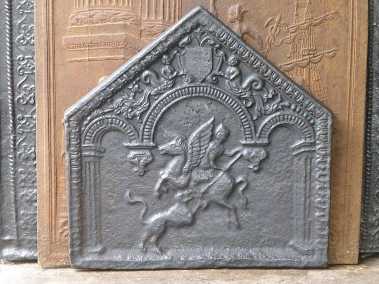 16th Century French fireback with Saint George fighting the dragon, a symbol of paganism. Defeating the dragon symbolizes the conversion of a pagan country or city to Christianity. Richard Lionheart designated St George as patron of the crusaders.