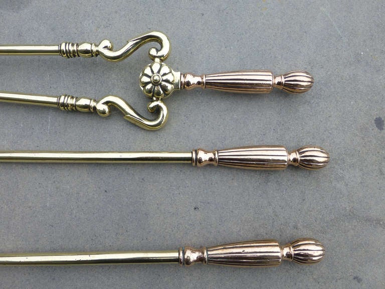 British Set of English Polished Brass and Red Copper Fire Tools - Fireplace Tool Set