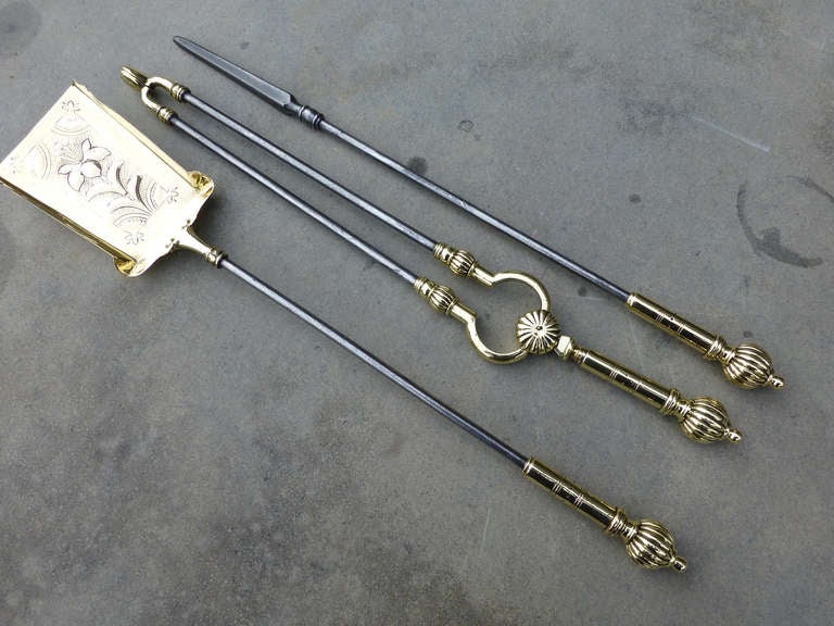 Set of English Polished Brass and Steel Fire Tools