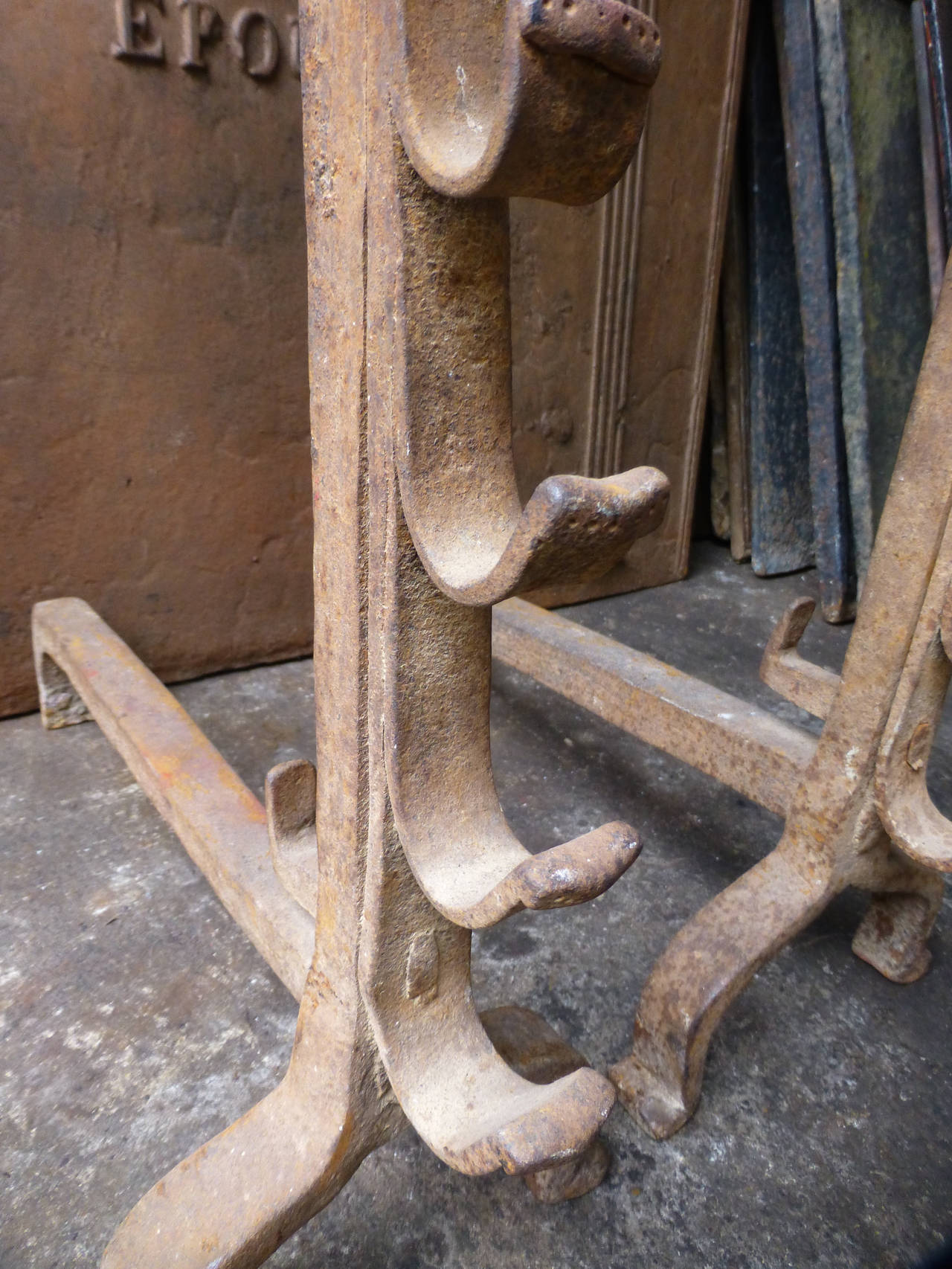 17th Century Large Wrought Iron Andirons, Firedogs 1