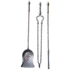 Antique 19th Century Polished Steel Fire Tool Set - Fireplace Tool Set, Signed
