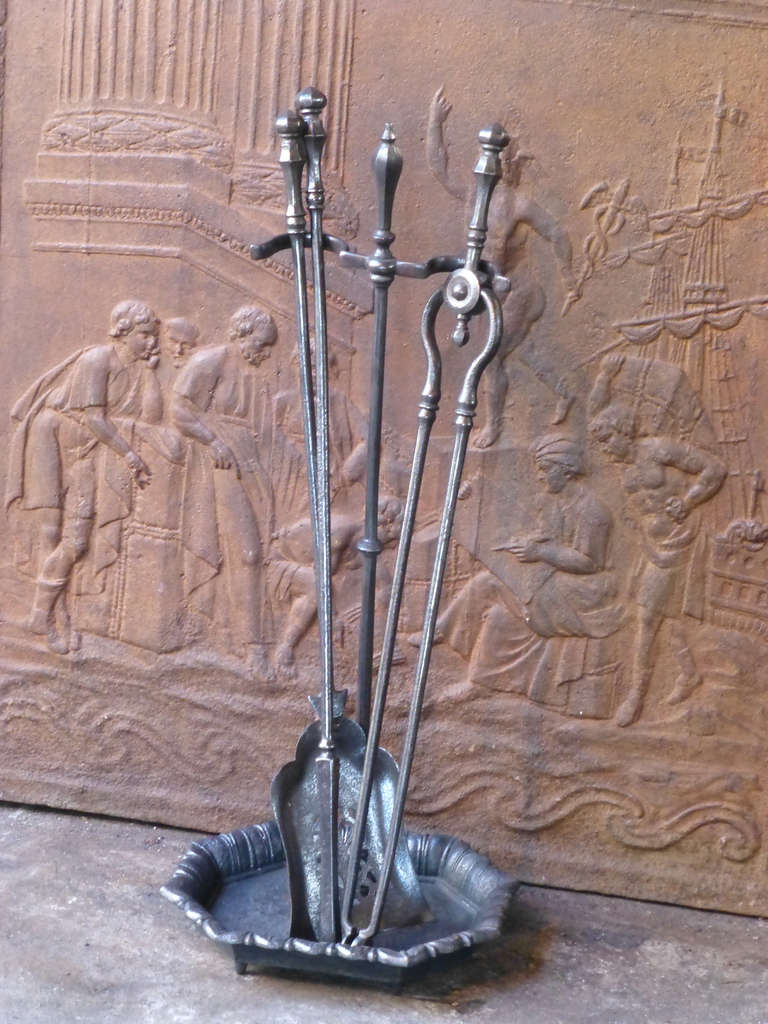 British 19th Century Wrought Iron Fire Tool Set and Stand