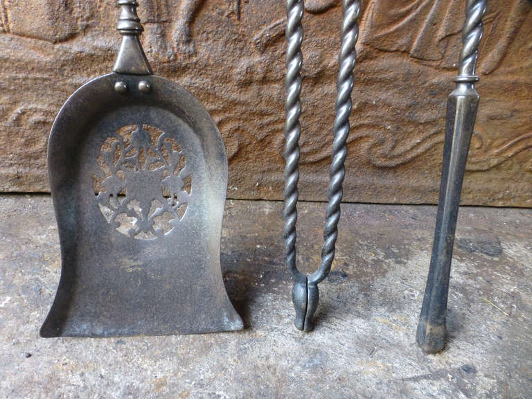 19th Century Polished Steel Fire Tool Set - Fireplace Tool Set, Signed 1
