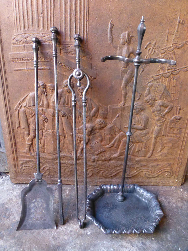 19th Century Wrought Iron Fire Tool Set and Stand 4