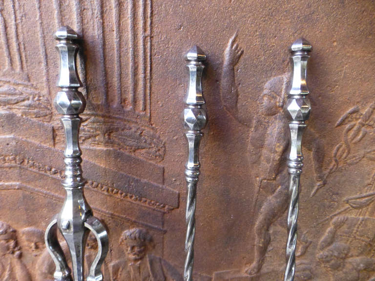 British 19th Century Polished Steel Fire Tools Set - Fireplace Tool Set