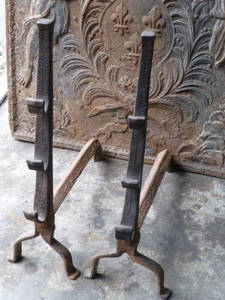 French 17th c. Large Louis XIII Andirons, Firedogs 