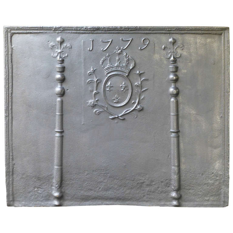 Large Fireback / Backsplash with Arms of France with Pillars, Dated 1779 For Sale