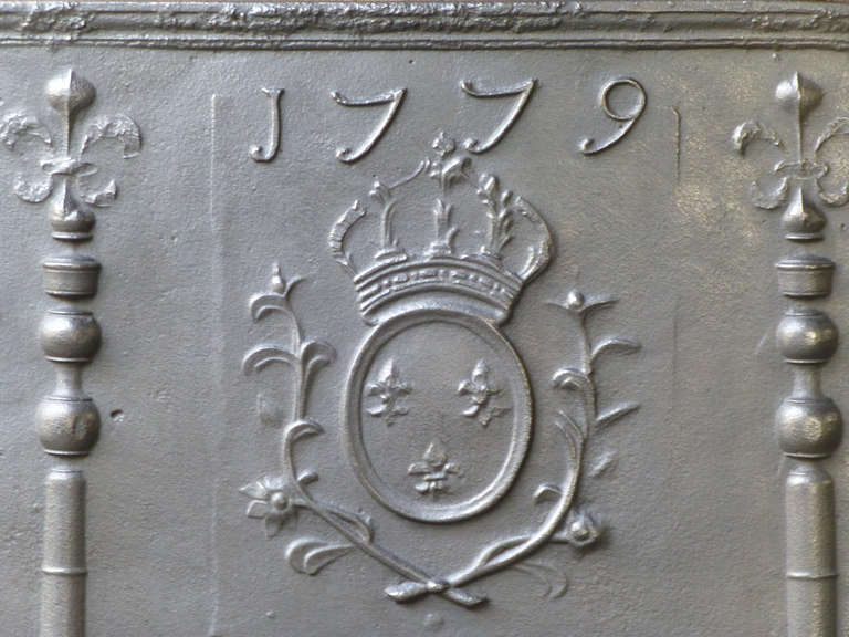Louis XV Large Fireback / Backsplash with Arms of France with Pillars, Dated 1779 For Sale