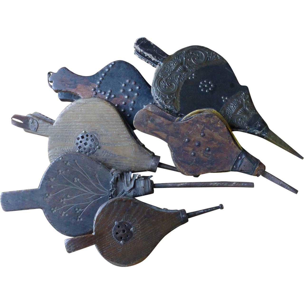 Rare wrought iron blow pipes and antique bellows. 

You can see all our current blow pokes for sale at 1stdibs by pressing the ‘View All From Seller’ button at the bottom of the page and then type 'blow'.

We have a unique and specialized collection