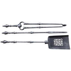 18th C. Set Of English Polished Steel Fireplace Tools - Fire Tool Set