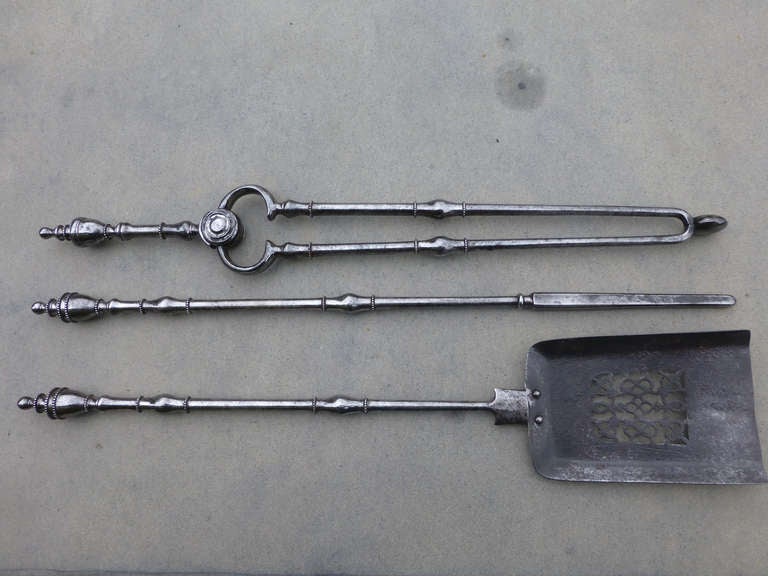 18th C. Set Of English Polished Steel Fireplace Tools - Fire Tool Set