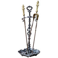 Antique 19th Century Rococo Fire Tool Set And Stand