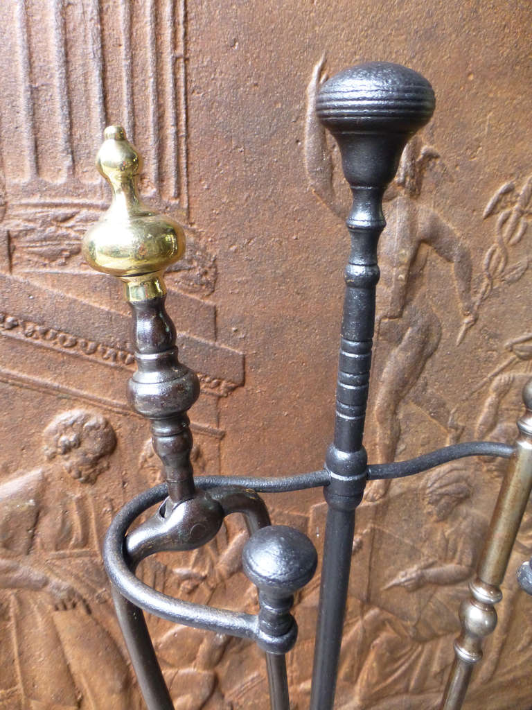 Wrought Iron 19th Century French Fire Tool Set and Stand