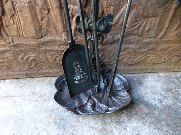 Wrought Iron 19th Century Fire Tool Set and Stand
