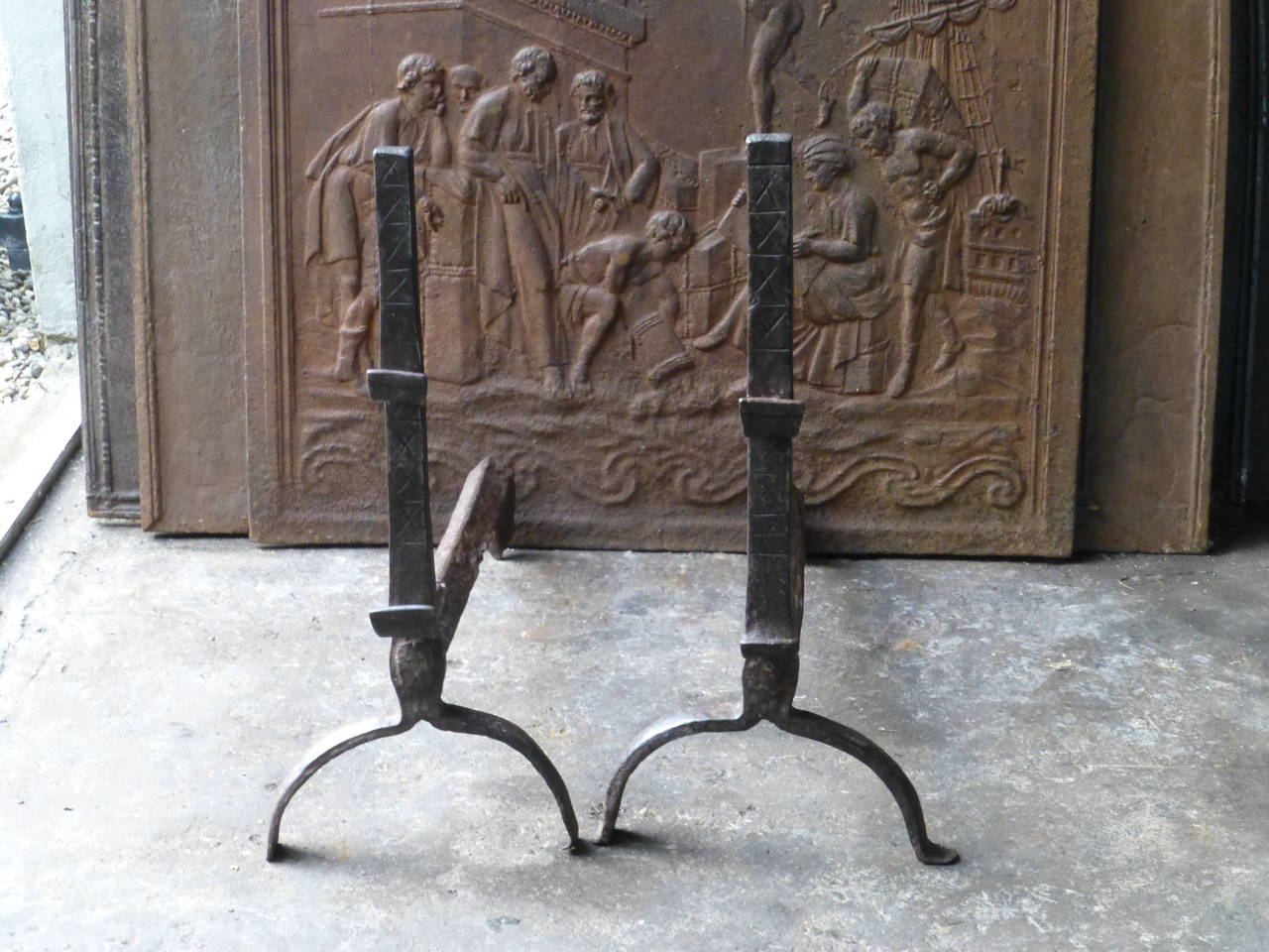 Forged 17th Century French Louis XIII Andirons, Firedogs