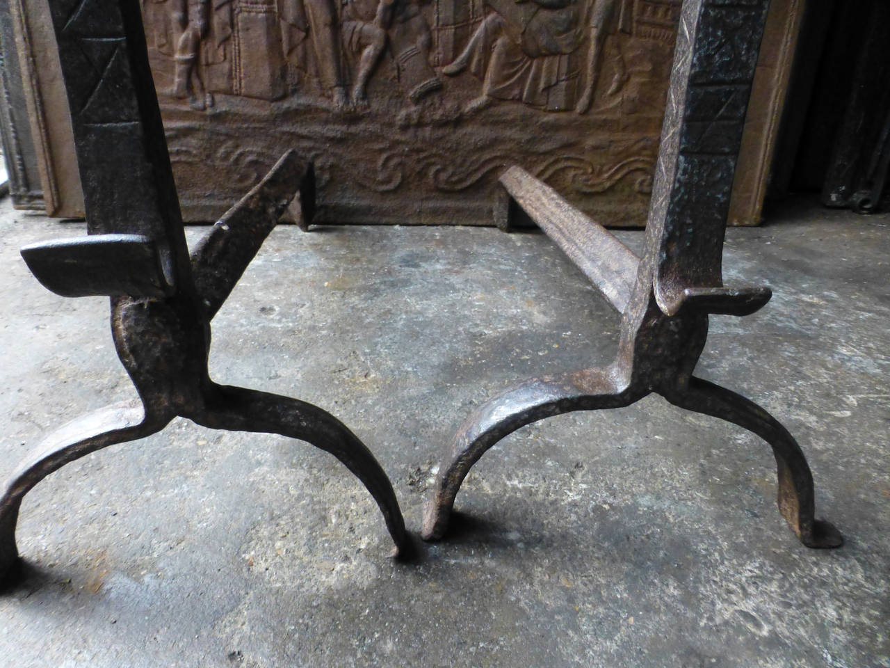 Wrought Iron 17th Century French Louis XIII Andirons, Firedogs