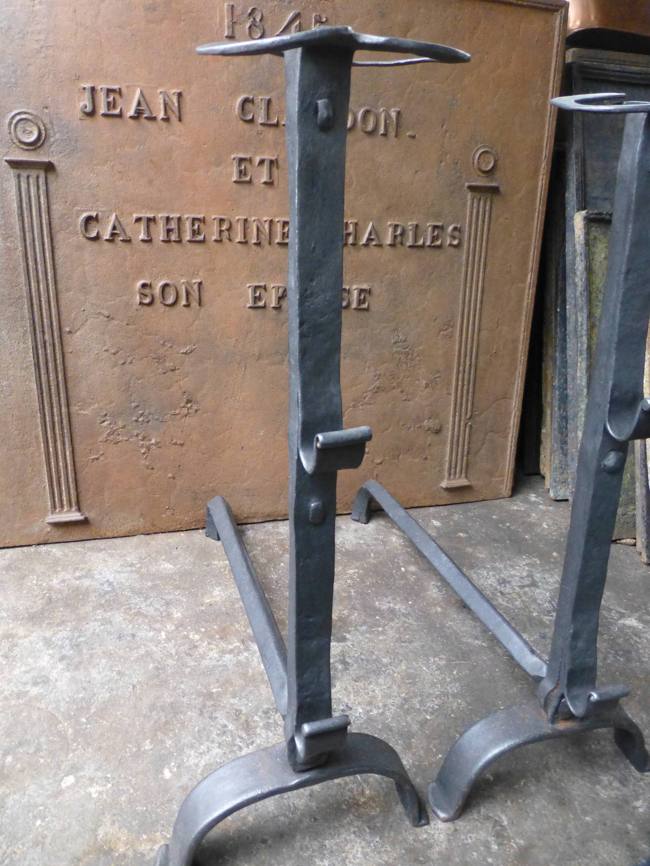 18th Century and Earlier Large Gothic Bull's Head Andirons, Firedogs, 18th Century For Sale