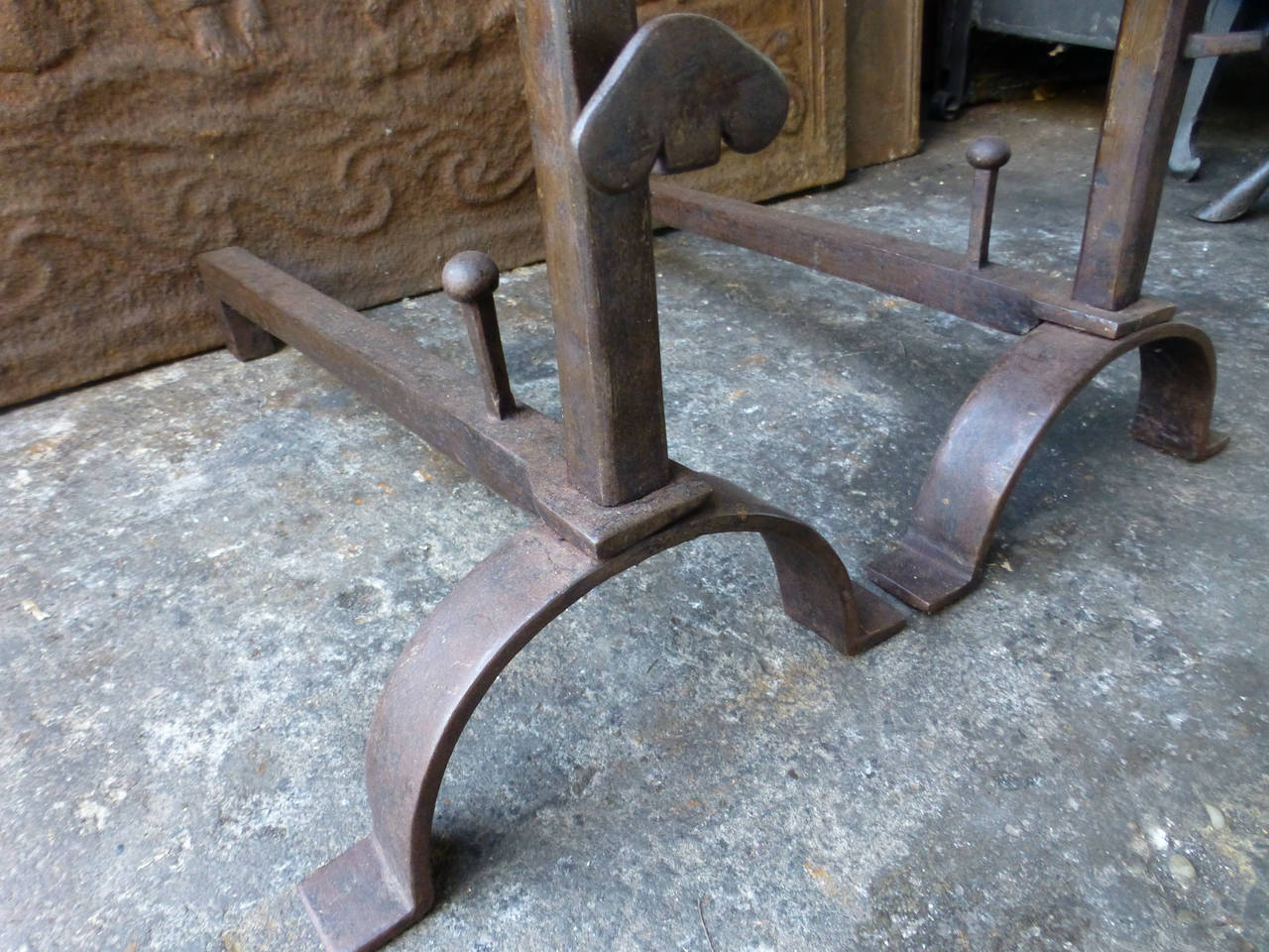 Forged Wrought Iron Andirons, Cupdogs